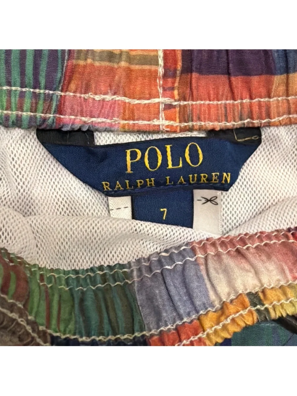 Polo Ralph Lauren Swim Trunks Boys 7 Multicolor Patchwork Drawstring Mesh Shorts